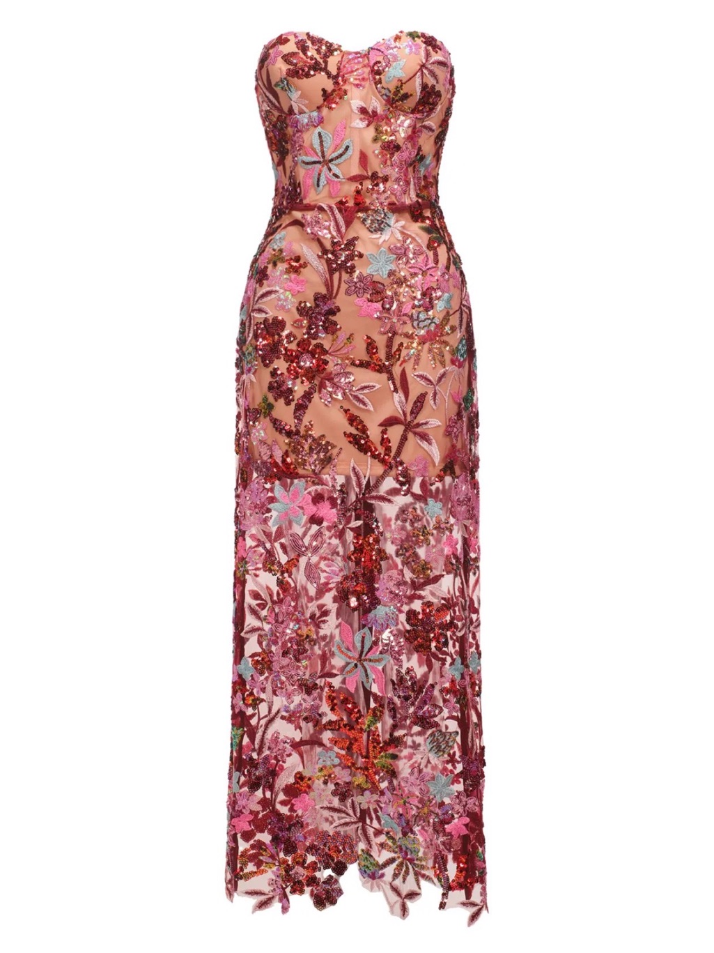Embellished Strapless Pink Floral Sequin Dress